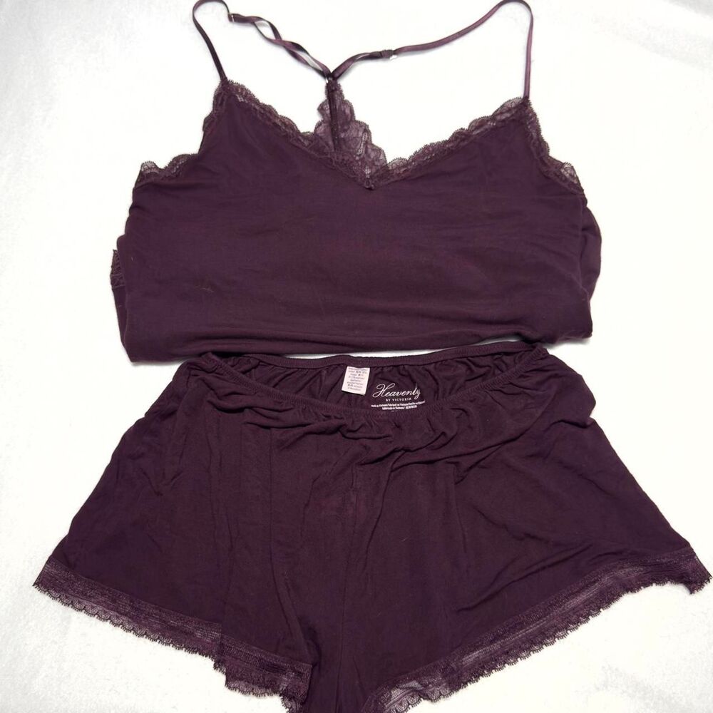 discontinued heavenly by victoria's secret burgundy 2 piece lace nightie/shorts